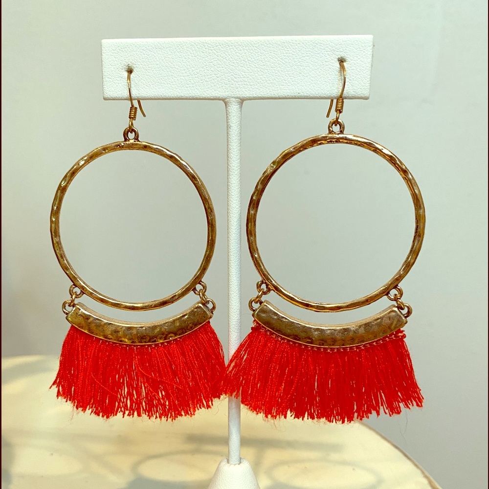 Red Tassel Hoop Earrings